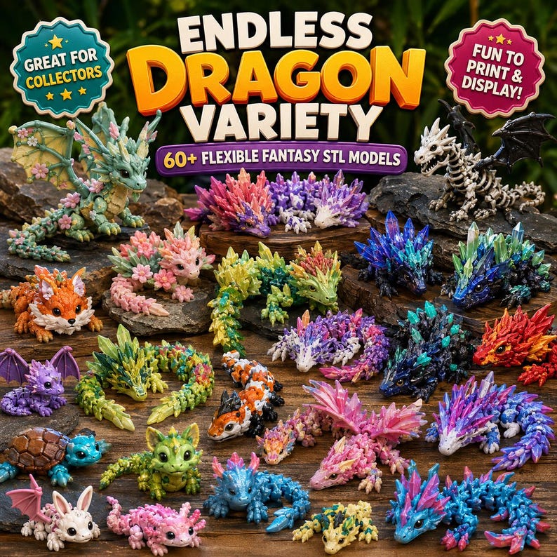 What’s included preview showing baby dragons, crystal dragons, floral dragons, skeleton dragons, winged dragons, and sea dragons.