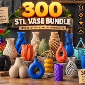 Può includere: Una collezione di 300 file STL digitali di vasi con varie forme, texture e colori, tra cui arcobaleno, blu, arancione, verde, giallo, viola, bianco e nero. L'immagine mostra il testo 300 STL VASE BUNDLE.