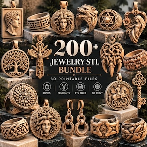 collection of luxury jewelry STL models including rings pendants earrings and bracelets