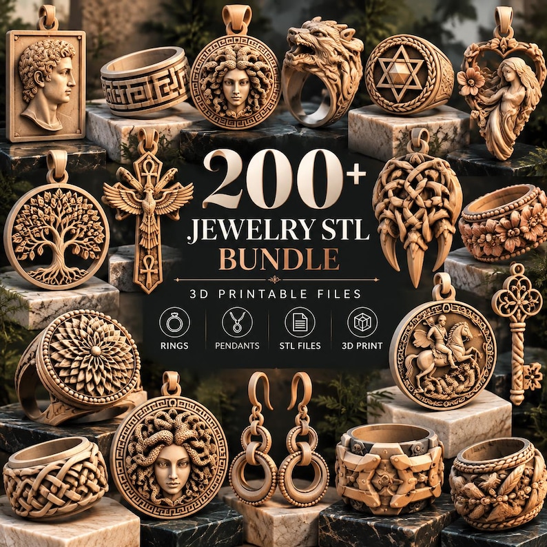 collection of luxury jewelry STL models including rings pendants earrings and bracelets