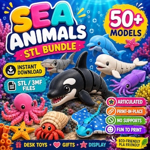 Peut inclure: Un ensemble numérique de plus de 50 modèles d'animaux marins articulés pour impression 3D, incluant un orque, une pieuvre rose, une raie bleue, un bernard-l'ermite, un dauphin, un béluga et une étoile de mer sur un fond de récif corallien.