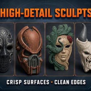 Eight detailed fantasy and creature mask designs, including horned, antlered, skull-inspired, theatrical and botanical styles from the digital STL bundle.