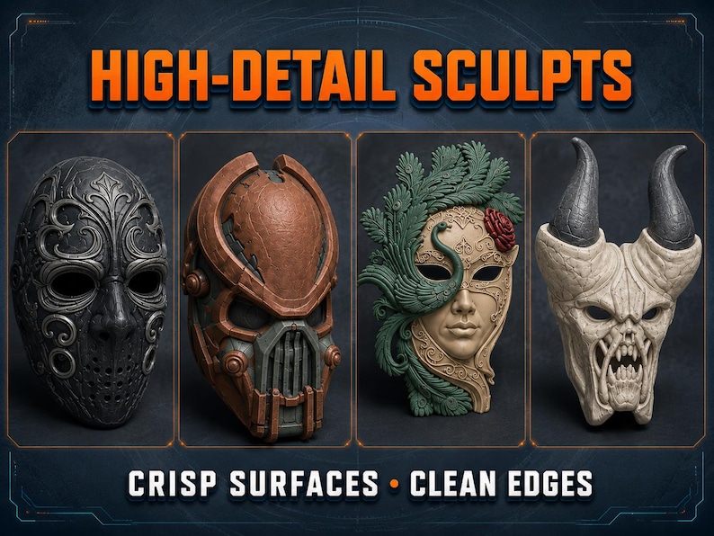 Eight detailed fantasy and creature mask designs, including horned, antlered, skull-inspired, theatrical and botanical styles from the digital STL bundle.