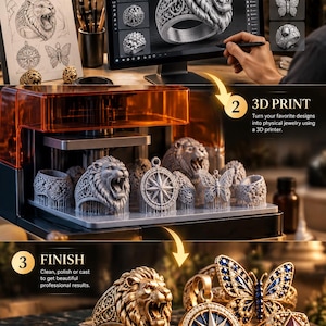 以下が含まれることがあります： ライオンの指輪、コンパスのペンダント、蝶の3Dモデルを表示するコンピュータ画面を備えたジュエリーのデジタル設計プロセス。3Dプリンターは、これらのアイテムのグレーの樹脂製プリント版と、完成したゴールドトーンのジュエリーを表示しています。