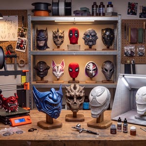 3D printing workshop with painted mask models, a desktop 3D printer, tools, paint supplies and finished masks displayed on shelves.