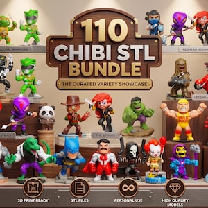 Pode incluir: Uma cole&ccedil;&atilde;o de 110 figuras em estilo chibi exibidas em prateleiras. A placa central diz 110 CHIBI STL BUNDLE THE CURATED VARIETY SHOWCASE. &Iacute;cones na parte inferior indicam 3D print ready, STL files, personal use, high quality models.