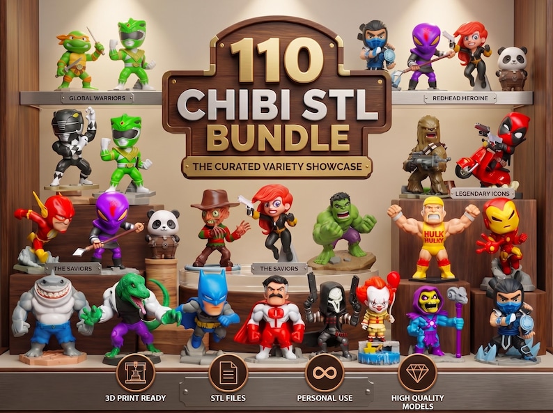 Pode incluir: Uma cole&ccedil;&atilde;o de 110 figuras em estilo chibi exibidas em prateleiras. A placa central diz 110 CHIBI STL BUNDLE THE CURATED VARIETY SHOWCASE. &Iacute;cones na parte inferior indicam 3D print ready, STL files, personal use, high quality models.
