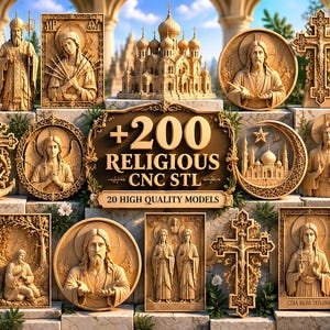 Op de afbeelding: Een verzameling lichtbruine, houtkleurige religieuze houtsnijwerken met diverse figuren, kruisen en architecturale structuren. Een centraal plaatje toont de tekst +200 RELIGIOUS CNC STL en 20 HIGH QUALITY MODELS in gouden letters.