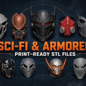 Six painted mask examples displayed in individual panels, including sci-fi armored, fantasy creature, botanical decorative and skull-inspired styles from the printable STL collection.