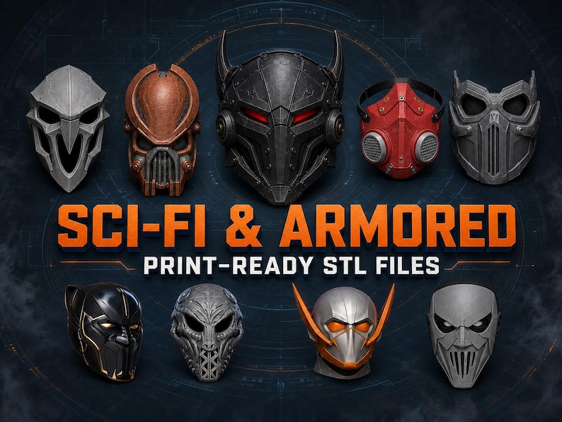 Six painted mask examples displayed in individual panels, including sci-fi armored, fantasy creature, botanical decorative and skull-inspired styles from the printable STL collection.