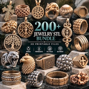 Op de afbeelding: Een verzameling goudkleurige ringen en hangers met ingewikkelde ontwerpen zoals een kruis, een boom, een tijger, een adelaar en bloemmotieven. De centrale tekst luidt 200+ JEWELRY STL BUNDLE 3D PRINTABLE FILES met iconen voor ringen en 3D-printen.