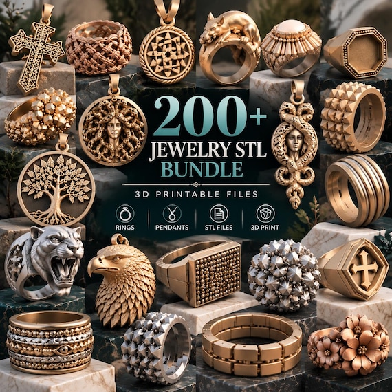 200+ Jewelry STL Bundle | 3D Printable Jewelry Files | Ring Pendant Earring CAD Models | Digital Download for 3D Printing