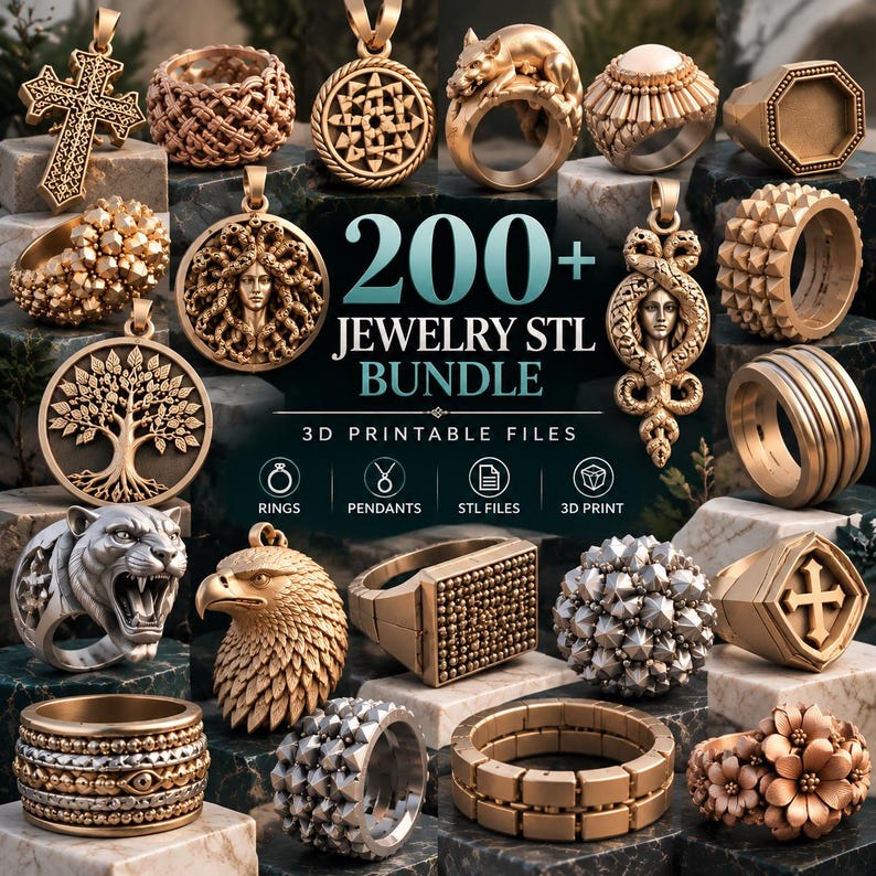 200 plus premium jewelry STL bundle with luxury 3D printable ring and pendant models