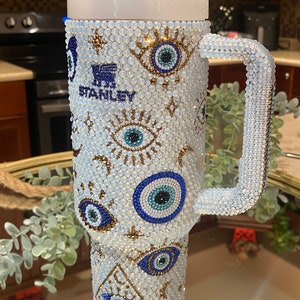 40 OZ White Opal Evil Eye Bling Rhinestone Stanley Tumbler