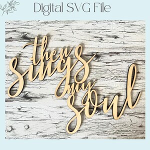 May include: Two wooden signs with the words "there's" and "my soul" written in cursive script.
