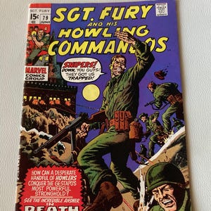 May include: A vintage comic book cover for "Sgt. Fury and His Howling Commandos." The cover features a dynamic illustration of soldiers in combat, with bold text and speech bubbles. The color palette includes blues, greens, and yellows.