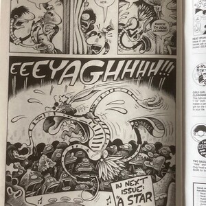 Pu&ograve; includere: Una pagina di fumetto in bianco e nero con un pannello che mostra un personaggio con un corpo a strisce e una grande bocca che urla. Il testo nel pannello dice "EEEYAGHHHH!!!". Il testo sotto il pannello dice "Nel prossimo numero: "Una stella &egrave; nata!"