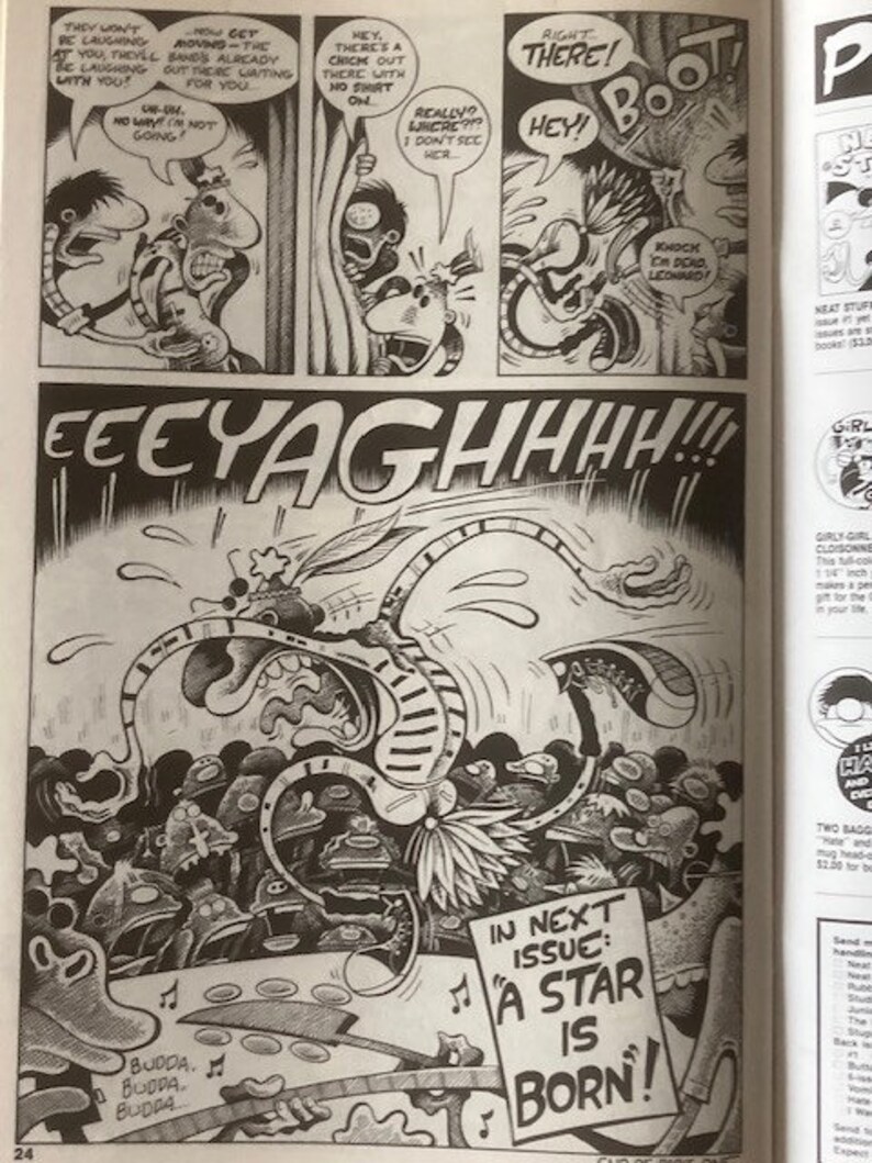 Pu&ograve; includere: Una pagina di fumetto in bianco e nero con un pannello che mostra un personaggio con un corpo a strisce e una grande bocca che urla. Il testo nel pannello dice "EEEYAGHHHH!!!". Il testo sotto il pannello dice "Nel prossimo numero: "Una stella &egrave; nata!"