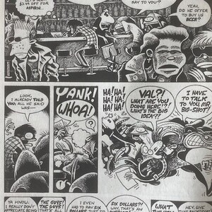 Pu&ograve; includere: Un pannello di fumetto in bianco e nero con un gruppo di persone che parlano. Il testo nel pannello del fumetto dice "Let's see... $2.49 off for aspirin..." e "Yank! Whoa!" e "Val?! What are you doing here?!? What's the big idea?!" e "I have to talk to you Mr. Big-Shot!"