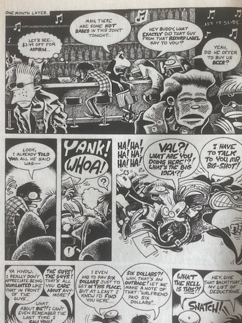 Pu&ograve; includere: Un pannello di fumetto in bianco e nero con un gruppo di persone che parlano. Il testo nel pannello del fumetto dice "Let's see... $2.49 off for aspirin..." e "Yank! Whoa!" e "Val?! What are you doing here?!? What's the big idea?!" e "I have to talk to you Mr. Big-Shot!"