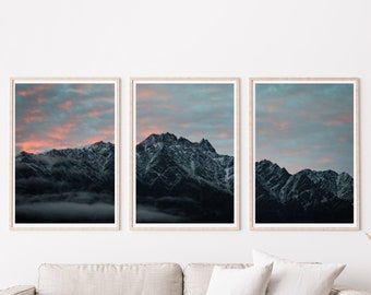 Three Piece Mountain Printable, Set of 3 Mountain Prints, Mountain Sunset Printable, Home Decor, Wall Art Printable, Sunset Printable,