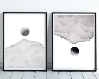 Set of 2 Cloud Moon Prints, Two Piece Printable, Two Moon Printable, Home Decor, Wall Art Printable, Moon & Clouds Print, Sky Printable, Art