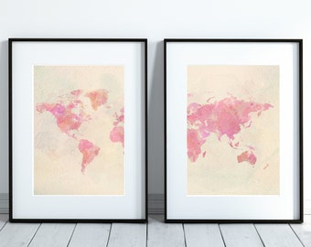 Set of 2 Prints, World Map Printable, Map Print, Two Prints, Home Decor, Wall Art Printable, Beige Print, World Watercolor Print, Watercolor