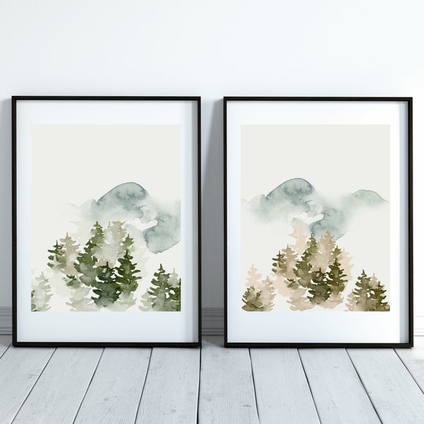 Set of 2 Mountain Prints, Mountain Watercolor Print, Home Decor, Wall Art Printable, Watercolour Mountains Print, Beige Watercolor Print