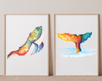 Two Whale Prints, Set of 2 Whale Prints, Rainbow Prints, Home Decor, Wall Art, Digital Download, Rainbow Whale Prints, Watercolor Prints