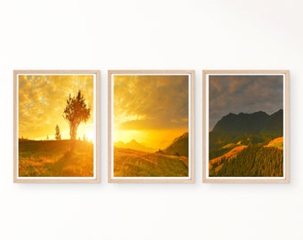 3 Piece Mountain Wall Art Print, Set of 3 Landscape Art, Mountain Sunrise Printable, Nature Print, Home Decor, Digital Download, Wall Art