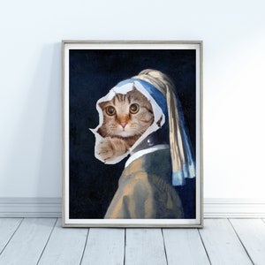 Girl with a Pearl Earring Printable, Cat with a Pearl Earring Printable, Johannes Vermeer, Dutch Golden Age, Home Decor, Wall Art Printable