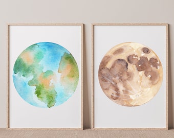 Earth and Moon Watercolour Prints, Set of 2 Prints, Earth and Moon Printable, Home Decor, Wall Art, Digital Download, Watercolour Print, Art