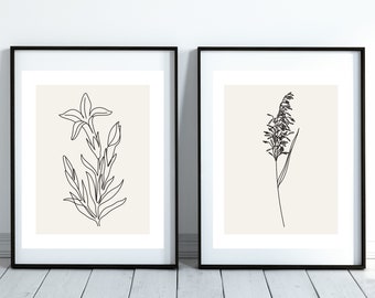 Set of 2 Prints, Line Art Drawing Print, Line Art Printable, Home Decor, Wall Art Printable, Flower Print, Line Art Flower, Line Art Print