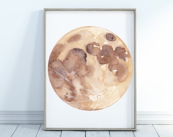 Watercolour Moon Print, Watercolour Moon Printable, Moon Print, Moon Printable, Home Decor, Wall Art, Digital Download, Brown Moon Print