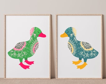 Set of 2 Duck Prints, Vintage Duck Printables, Home Decor, Wall Art, Digital Download, Pattern, Decoration, Drake, Illustration, Art Prints