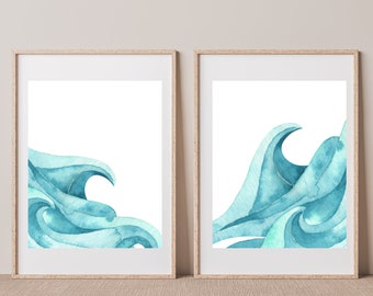 Set of 2 Waves Prints, Two Piece Waves Print, Two Watercolor Waves Print,  Wave Printable, Watercolor Wave Print, Minimalist Wave Print