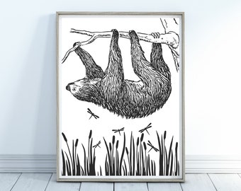 Sloth Print, Sloth Tree Printable, Grass Print, Printable Art, Digital Download, Wall Art, Home Decor, Line Art  Print, Line Art Sloth, Art