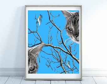 Cat Printable, Cats and Birds Printable, Home Decor, Wall Art Printable, Birds Printable, Trees Printable, Sky Blue Printable, Two Cats Art