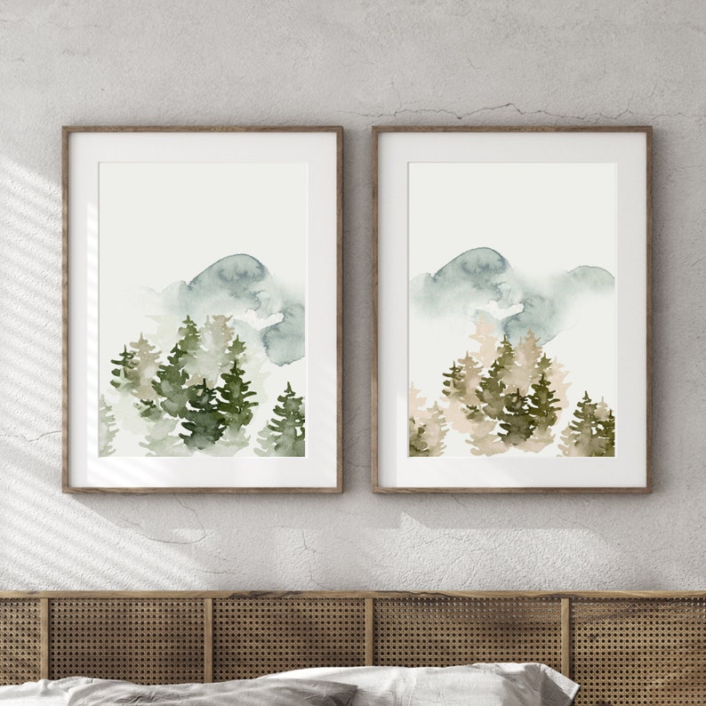 Set of 2 Mountain Prints, Mountain Watercolor Print, Home Decor, Wall Art Printable, Watercolour Mountains Print, Beige Watercolor Print image 3