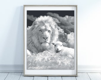 Lion Printable, Lamb Printable, Lion Print, Lamb Print, Home Decor, Wall Art, Digital Download, Black and White, Lion and Lamb, Clouds Print