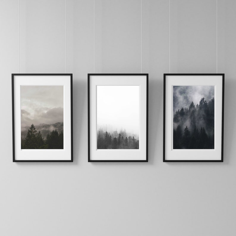 3 Piece Forest Wall Art Print, Set of 3 Forest Landscape Art, Black