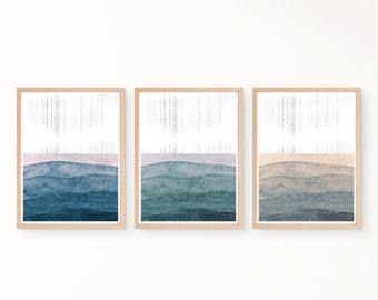 Set of 3 Prints, Three Piece Watercolor Waves Print, Minimalist Scandinavian Print, Scandinavian Waves Art, Scandinavian Watercolor Print