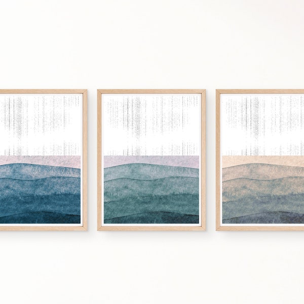 Set of 3 Prints, Three Piece Watercolor Waves Print, Minimalist Scandinavian Print, Scandinavian Waves Art, Scandinavian Watercolor Print