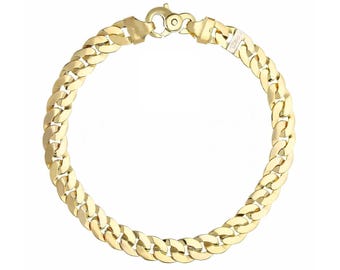 May include: A gold chain bracelet with a curb link design.