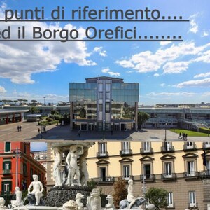 May include: A composite image featuring a modern glass building, a fountain with sculptures, and historic buildings under a bright blue sky with clouds. Text at the top reads "I nostri punti di riferimento... Il Tar&igrave; ed il Borgo Orefici..."