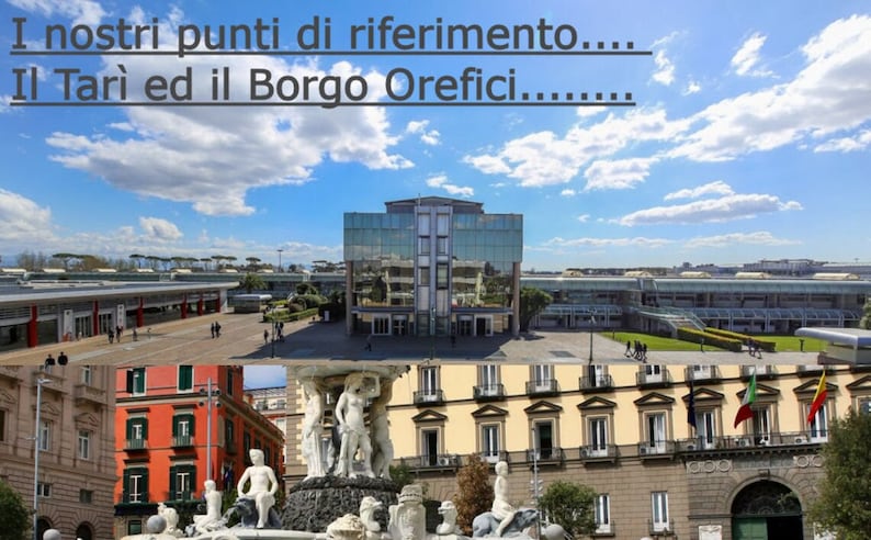 May include: A composite image featuring a modern glass building, a fountain with sculptures, and historic buildings under a bright blue sky with clouds. Text at the top reads "I nostri punti di riferimento... Il Tar&igrave; ed il Borgo Orefici..."