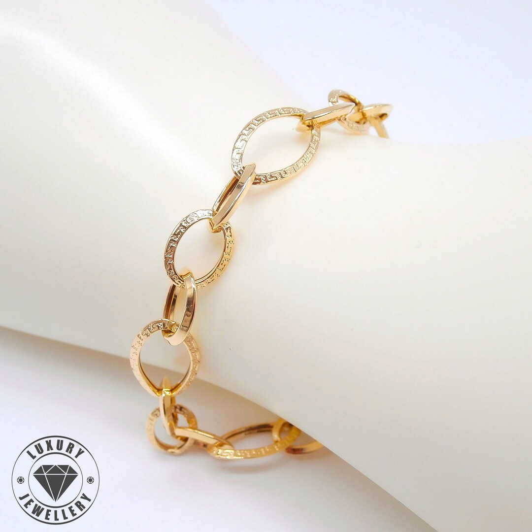 Gold Bracelet for Women • 18k Yellow Gold Chain Bracelet With Oval Links  With Engraved Greek 21 Cm Long and 1 Cm Wide - Italian Design - Etsy ...