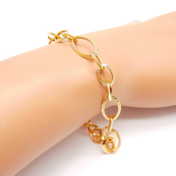 18k Gold Bracelet for Women 18k Gold Chain Bracelet With Oval Links With Engraved Greek 21 Cm and 1 Cm Wide Italian Design Etsy