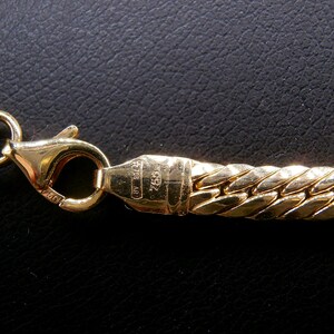 May include: A gold chain necklace with a lobster clasp closure. The clasp is marked with "750" and "AR" for 18 karat gold.