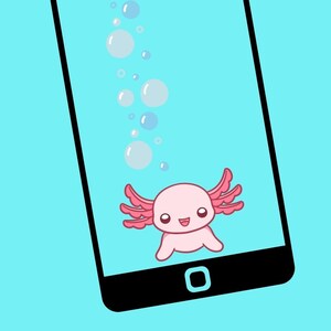 May include: A black smartphone with a pink axolotl on the screen. The axolotl is surrounded by blue bubbles.